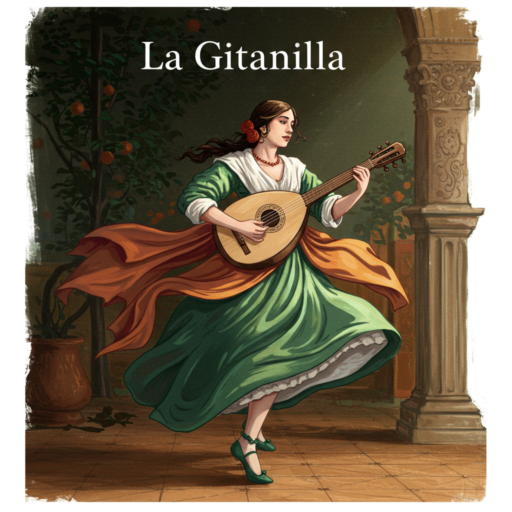 Uma capa com um céu crepuscular em tons de laranja e roxo, iluminando a silhueta de uma jovem cigana elegantemente vestida, dançando em frente a uma fogueira bruxuleante. Um colar de âmbar adorna seu pescoço, e uma guitarra espanhola repousa ao seu lado. Ao fundo, a silhueta de uma cidade espanhola medieval, envolta em mistério.