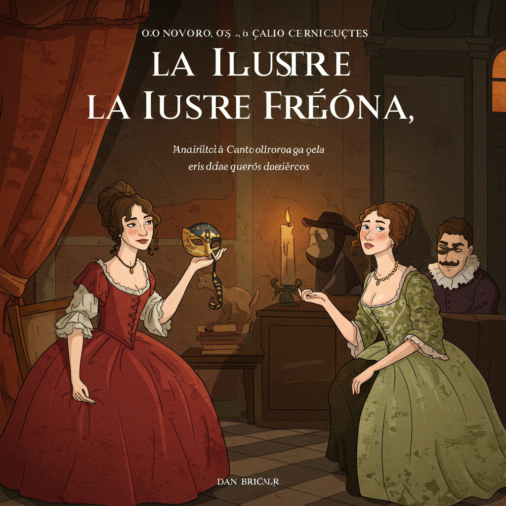 Uma ilustração em estilo barroco tardio, com cores quentes como ocre e vermelho-terroso, representando um pátio sevilhano à noite. No centro, uma figura feminina de porte elegante, vestida como serva, observa discretamente dois jovens disfarçados, cujos rostos revelam tanto fascínio quanto apreensão. A luz de velas e lampiões projeta sombras alongadas, criando uma atmosfera de mistério e intriga.