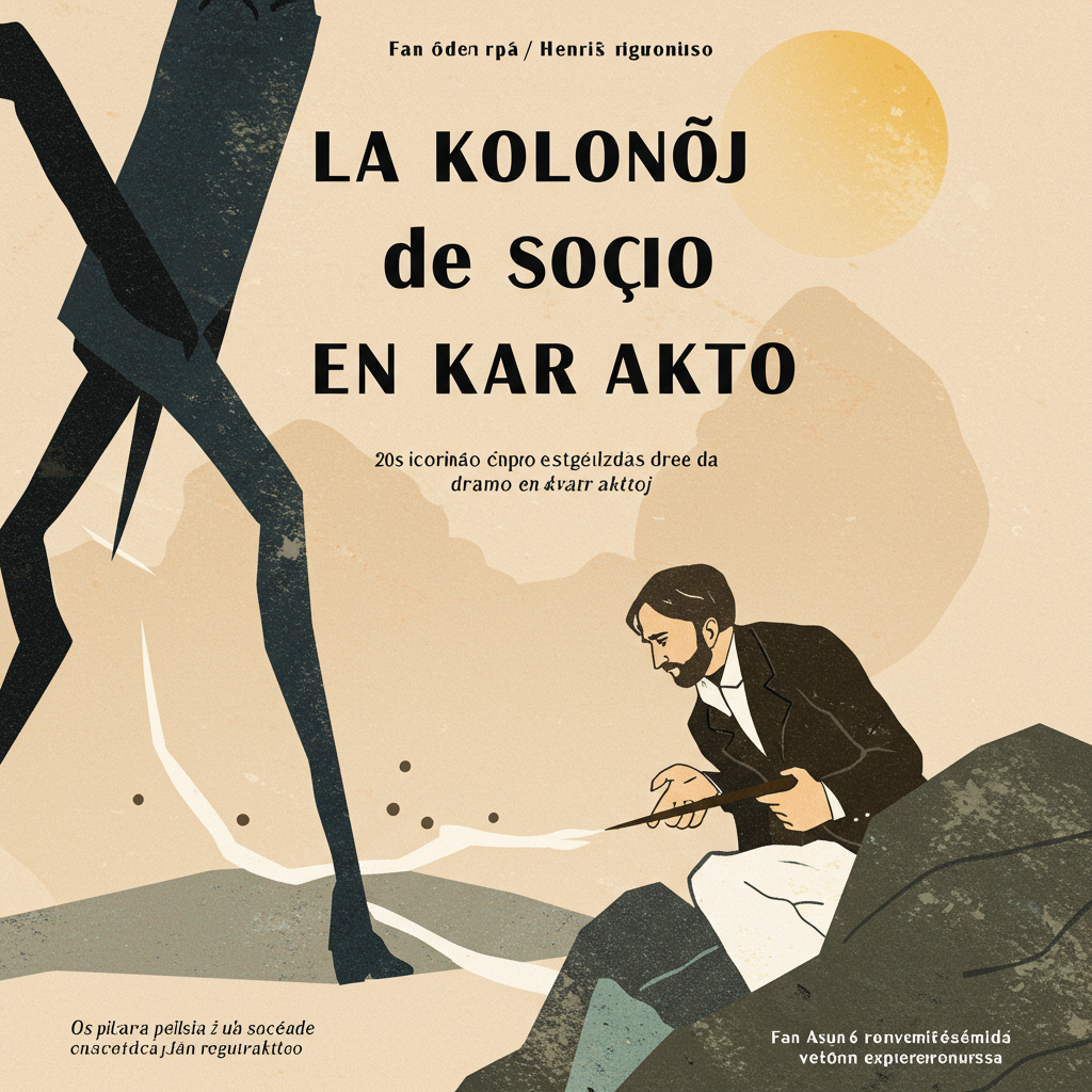 Uma capa escura com tons de cinza e marrom, representando a atmosfera opressiva de uma cidade portuária norueguesa. Ao fundo, um navio à vela estilizado, parcialmente obscurecido pela névoa, simboliza a prosperidade construída sobre segredos. No primeiro plano, uma rachadura sutil, porém visível, percorre uma coluna de pedra desgastada, aludindo à fragilidade dos 'pilares' da sociedade. O estilo é realista com um toque expressionista, transmitindo a tensão e o drama psicológico da obra.