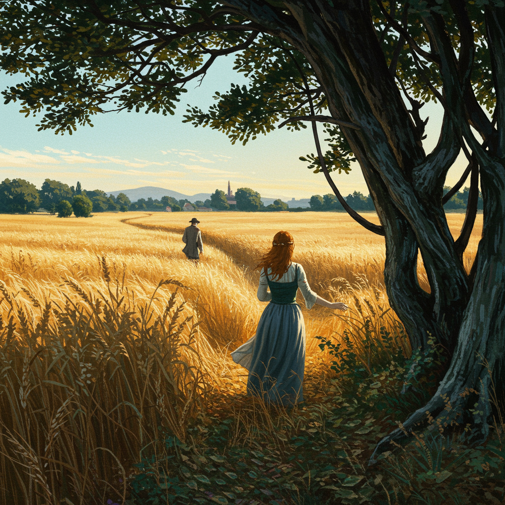 Capa com um campo de trigo dourado sob um céu crepuscular, com árvores retorcidas ao fundo. Uma figura feminina esguia, vestida com roupas simples e remendadas, observa a cena de costas para o espectador. Pequenos pontos de luz tremulam no ar, sugerindo um toque mágico. A paleta de cores é dominada por tons terrosos, dourados e toques de verde musgo.
