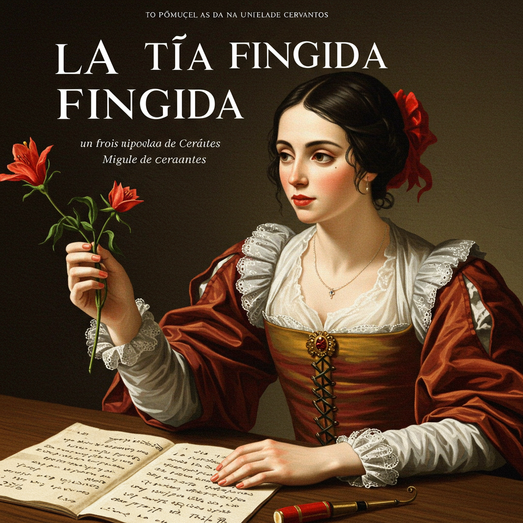 Uma capa vertical (9:16) com um fundo em tons de ocre e marrom, evocando o século XVII. No centro, uma máscara veneziana ricamente decorada com detalhes em dourado, representando o disfarce e a falsidade. Ao redor da máscara, flores de laranjeira estilizadas, simbolizando o amor e a sedução, dispostas em um padrão sutil. Uma pena de escrita antiga aparece na parte inferior, sugerindo a narrativa e a autoria de Cervantes. O estilo geral é barroco e elegante, com um toque de mistério.