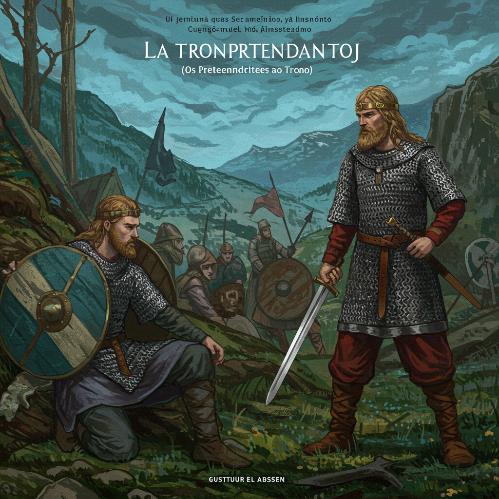 Uma capa escura, predominando tons de azul-acinzentado, representando uma paisagem montanhosa norueguesa envolta em névoa. Ao fundo, o esboço tênue de duas figuras imponentes, trajando vestes medievais, de costas uma para a outra. No primeiro plano, uma coroa quebrada jaz sobre pedras cobertas de musgo, simbolizando a disputa pelo poder e a fragilidade da realeza. O estilo artístico remete a gravuras antigas, com linhas finas e sombreados sutis, conferindo uma atmosfera sombria e melancólica.