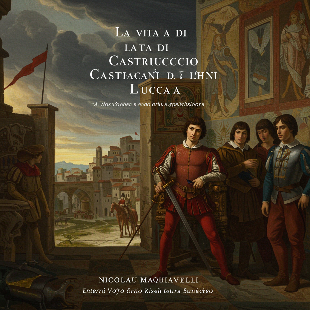 Uma capa com uma paleta de cores predominantemente terrosas, como ocre e marrom, representando a paisagem da Toscana e a natureza terrena do poder. No centro, uma silhueta de armadura renascentista, refletindo sutilmente o perfil de um homem astuto, com a luz incidindo apenas em parte do rosto, simbolizando sua complexidade moral. Ao fundo, uma estilização da cidade de Lucca, com muralhas imponentes, mas com um céu tempestuoso pairando sobre ela, sugerindo a instabilidade e os conflitos da época. O estilo artístico remete a pinturas a óleo do Renascimento Italiano, com pinceladas marcantes e um senso de realismo.