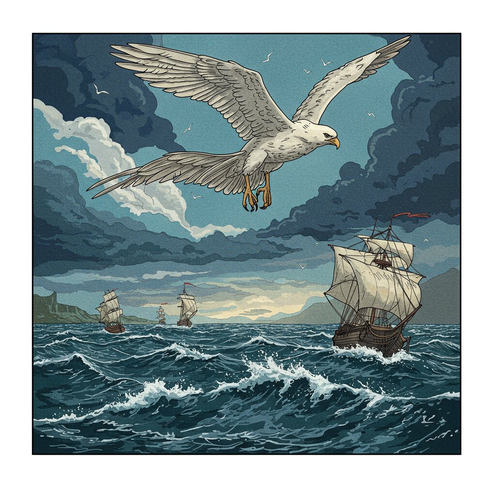 Uma capa com um céu tempestuoso em tons de azul-acinzentado e roxo escuro, com um albatroz solitário voando alto acima de um navio com velas escuras e rasgadas. Na água abaixo, reflexos distorcidos do navio e do albatroz criam uma sensação de turbulência e isolamento. O estilo artístico remete ao romantismo sombrio.