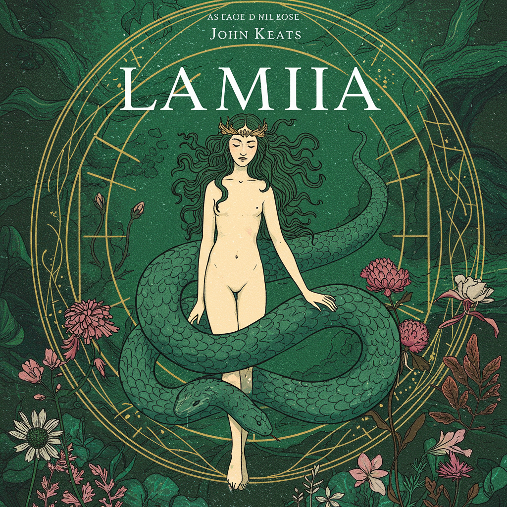 Uma figura feminina etérea e sinuosa, com traços vagamente reptilianos, emerge de um bosque exuberante e sombrio. As cores predominantes são tons de verde esmeralda, dourado pálido e roxo profundo. Uma lua crescente prateada paira no céu enevoado, enquanto flores exóticas e vibrantes florescem ao redor da figura, algumas já em processo de decomposição.