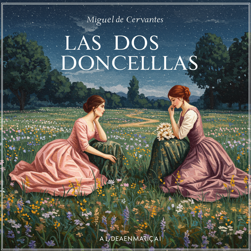 Uma capa com tons pastel suaves, como rosa pálido e azul celeste, representando um campo florido sob um céu levemente nublado. Duas figuras femininas, com vestidos esvoaçantes, estão de costas uma para a outra, quase se tocando, mas sem se encararem. Um caminho sinuoso de terra serpenteia pelo campo, desaparecendo no horizonte. Estilo artístico reminiscente da pintura impressionista.