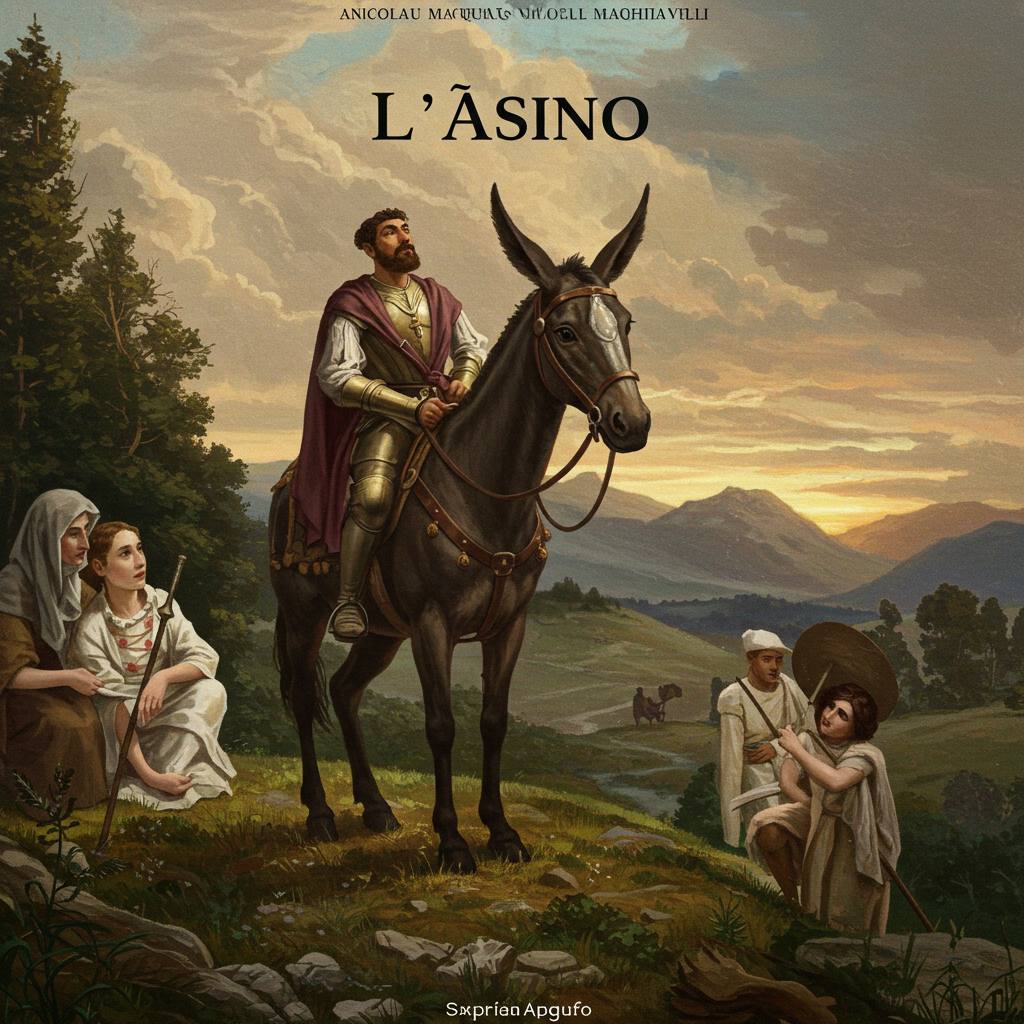 Capa vertical em tons terrosos e ocres, com uma figura de burro estilizada de perfil em silhueta escura contra um céu alaranjado ao amanhecer. Ao fundo, uma paisagem montanhosa em tons esmaecidos, sugerindo uma jornada árdua. Pequenos elementos dourados, como folhas e moedas, flutuam sutilmente ao redor do burro, representando a tentação da riqueza e do poder.