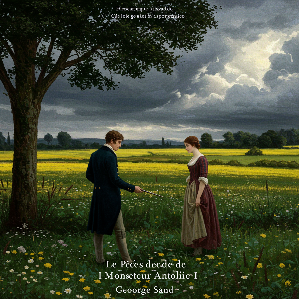 Uma capa vertical, predominantemente em tons de verde musgo e terra, evocando a paisagem campestre francesa. No centro, uma figura sombria, quase uma silhueta, de um homem em trajes finos, contemplando uma figura feminina mais clara, vestida de forma simples, próxima a um riacho. Um céu tempestuoso com nuvens densas ocupa o topo da imagem, sugerindo um clima de tensão e melancolia. O estilo artístico é próximo ao realismo romântico, com pinceladas suaves e cores que expressam a melancolia e a beleza agreste da natureza.