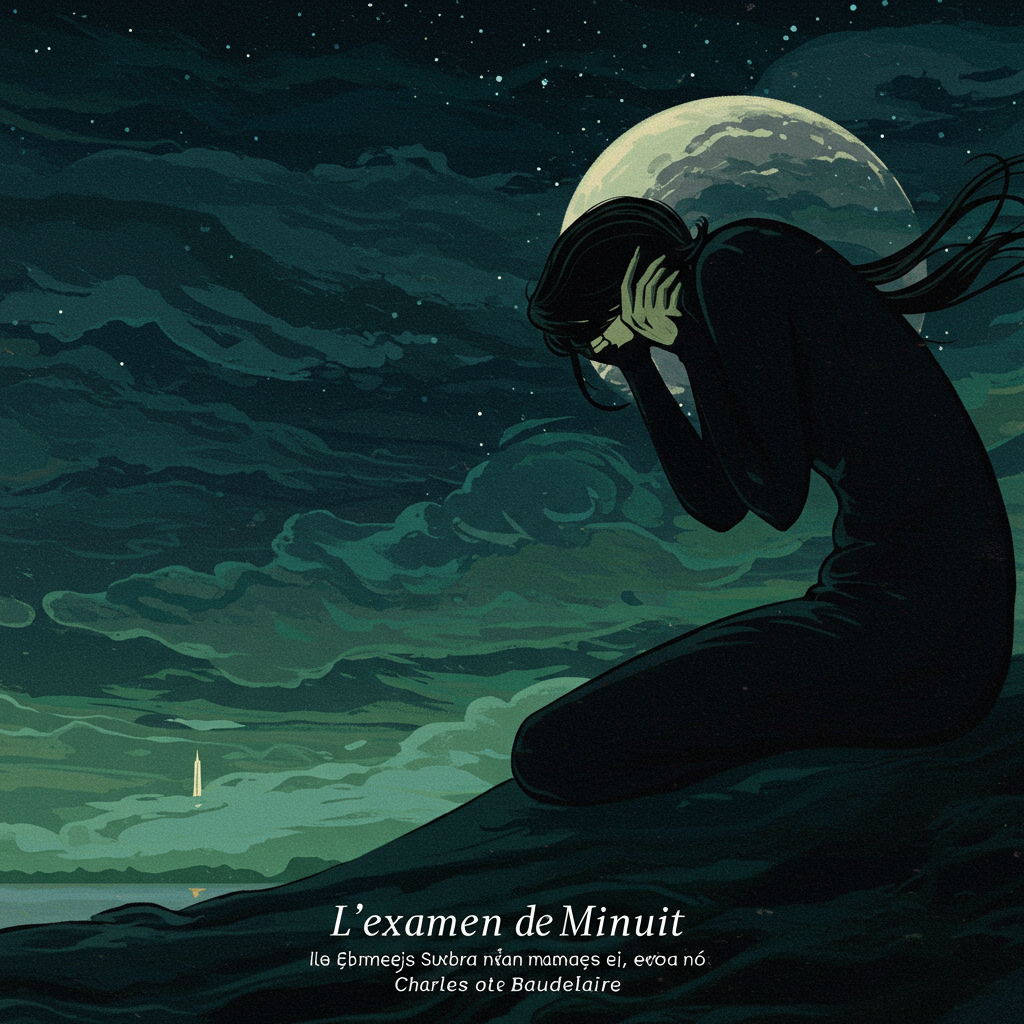 Uma capa vertical em tons predominantemente escuros, com um céu noturno tempestuoso dominado por uma lua pálida e distorcida. Na parte inferior, uma silhueta humana curvada, envolta em sombras, estende a mão em direção a uma rosa negra, murcha e solitária. O estilo visual é expressionista, com pinceladas dramáticas e texturas densas, transmitindo angústia e melancolia.