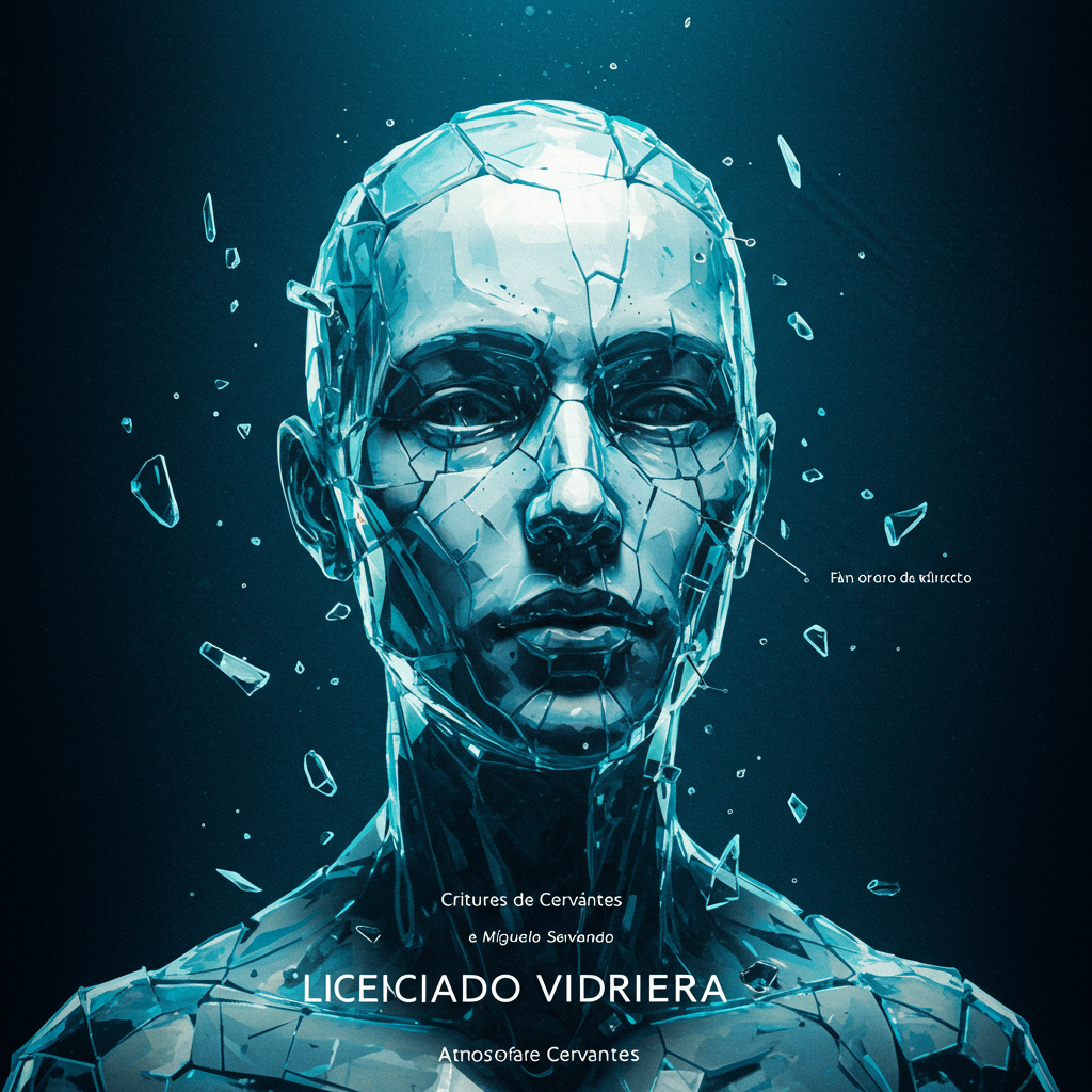 Capa vertical com fundo azul pálido e craquelado, remetendo ao vidro trincado. No centro, a silhueta de um homem esguio, quase transparente, envolta em fragmentos de espelho que refletem de forma distorcida cenas da corte espanhola. Pequenas rachaduras irradiam da figura central, acentuando a sensação de fragilidade. O estilo artístico é delicado, quase etéreo, com um toque de melancolia.