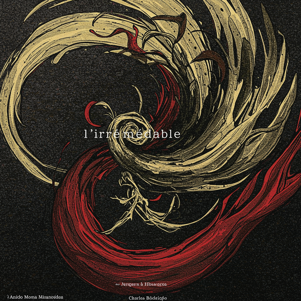 Uma espiral ascendente em tons de cinza e preto, representando a descida à melancolia e ao desespero. No centro da espiral, uma flor murcha e escura, simbolizando a beleza corrompida e a esperança perdida. A textura é áspera e angustiante, evocando a sensação de aprisionamento e aflição.