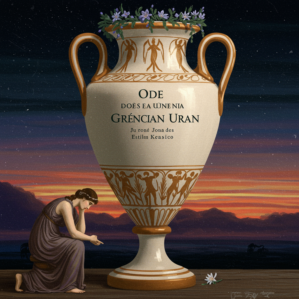 Uma urna grega de cerâmica branca, intricadamente decorada com figuras em tons de ocre e dourado. As figuras retratam cenas de amor e êxtase em um campo, com árvores frutíferas em flor e instrumentos musicais. Uma névoa suave e etérea envolve a urna, sugerindo sua natureza atemporal e misteriosa. O fundo é um céu crepuscular em tons de azul e violeta, com nuvens ondulantes.