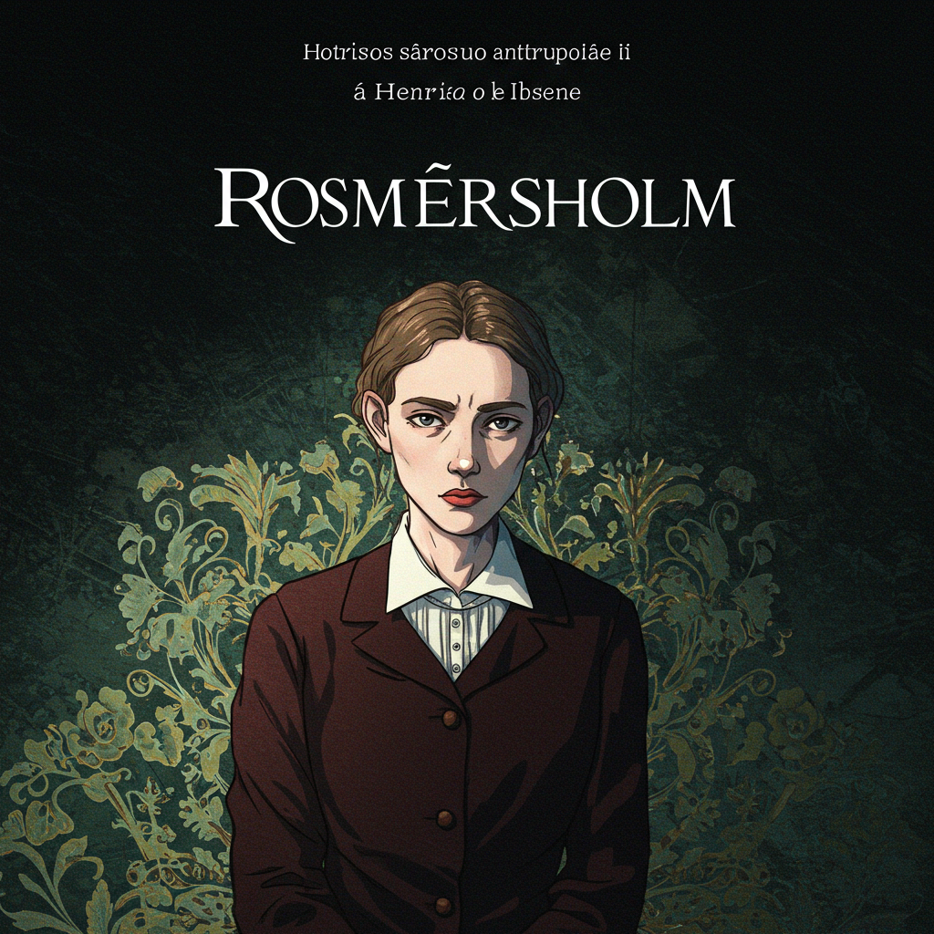 Uma pintura a óleo vertical em tons sombrios de cinza e verde musgo, representando a fachada imponente de uma casa antiga com janelas altas e escuras. Uma roseira pálida e murcha se agarra à parede, suas rosas quase brancas pendendo pesadamente. Uma névoa densa envolve a base da casa, ocultando parte da estrutura e criando uma sensação de mistério e melancolia.