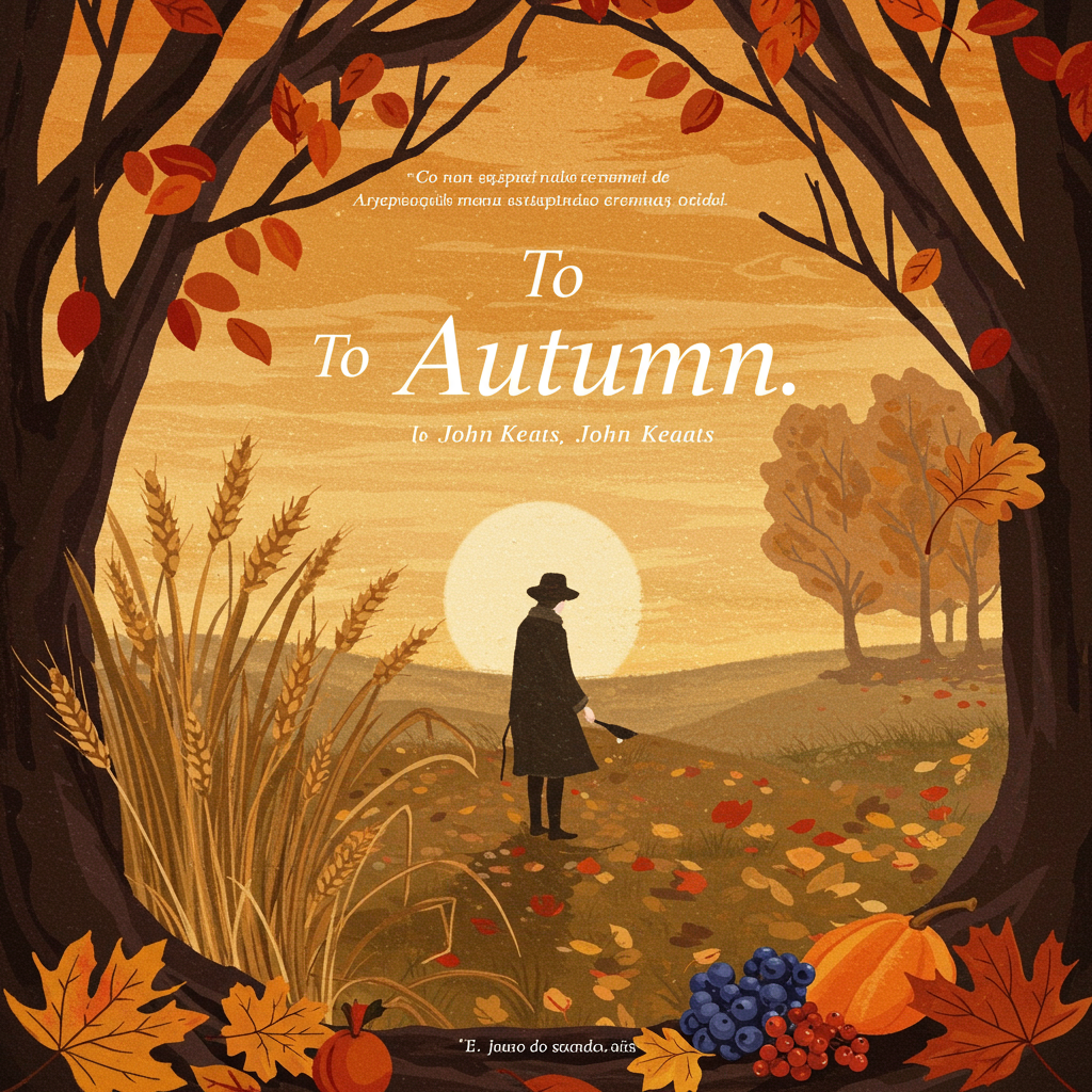 Uma paisagem outonal exuberante, com tons quentes de dourado, ocre, e vermelho profundo dominando. Um campo ondulado de trigo maduro se estende até o horizonte, onde árvores carregadas de frutos exibem folhagens vibrantes. A luz suave e difusa do sol poente banha a cena, criando uma atmosfera de serenidade melancólica. Uma figura feminina reclinada no campo, com um cesto de frutas ao lado, simboliza a personificação do outono.