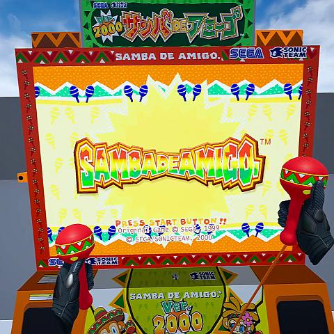 A Virtual Reality screenshot of a player holding virtual maracas and playing Samba de Amigo for the Dreamcast on a Samba de Amigo Ver. 2000 arcade cabinet