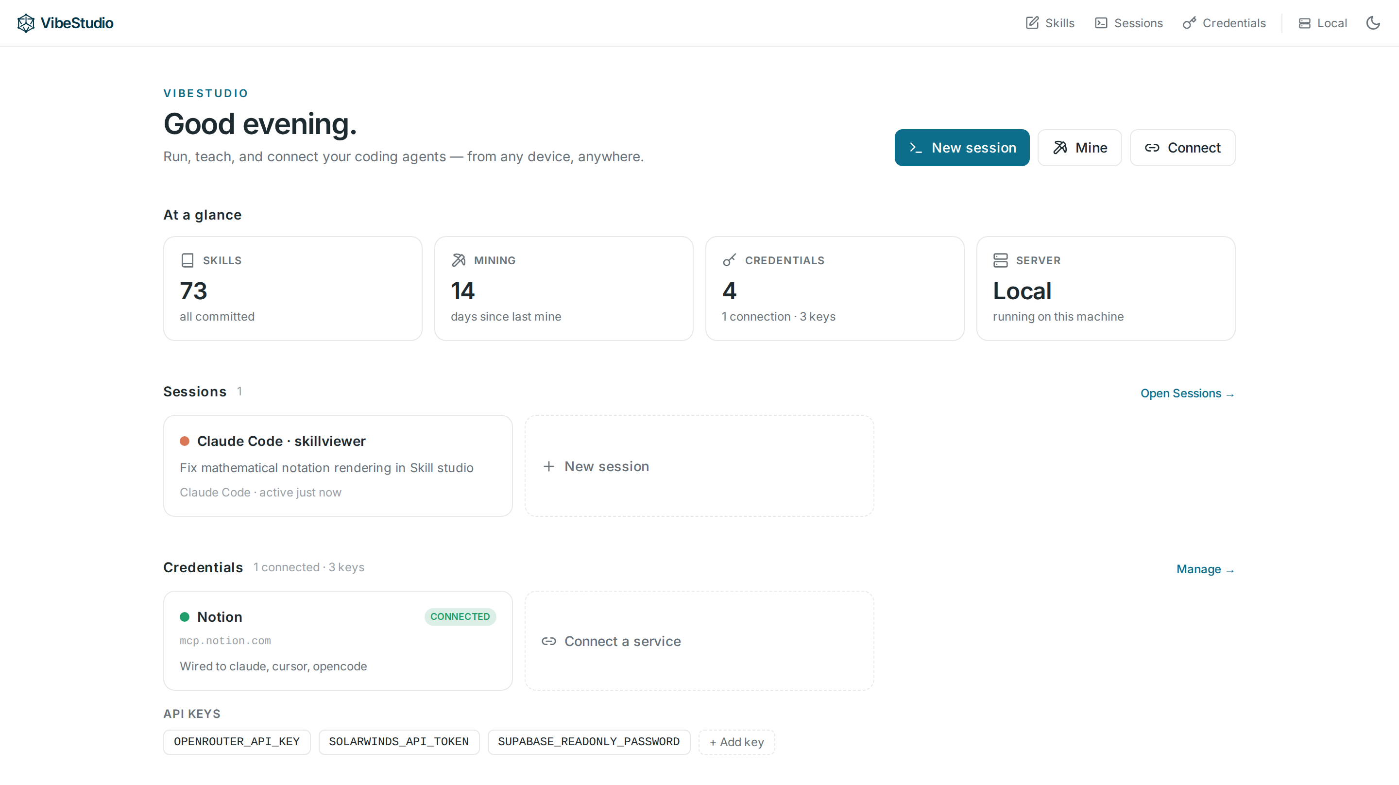 VibeStudio — run, teach, and connect your coding agents from one dashboard