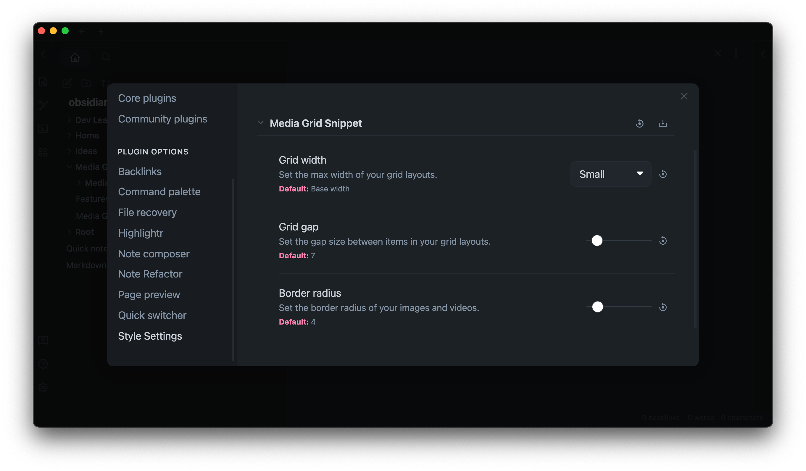 Screenshot showing Media Grid settings panel