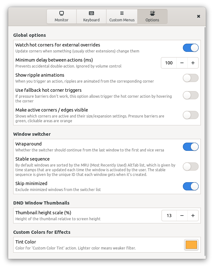 Extension configuration window