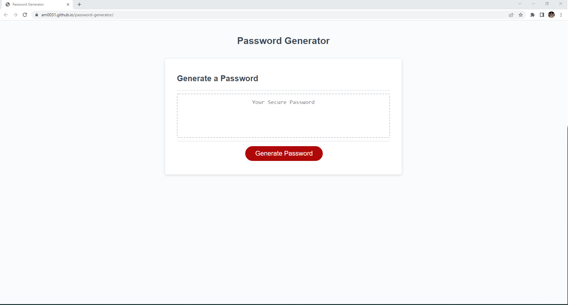 Password generator - deployed page