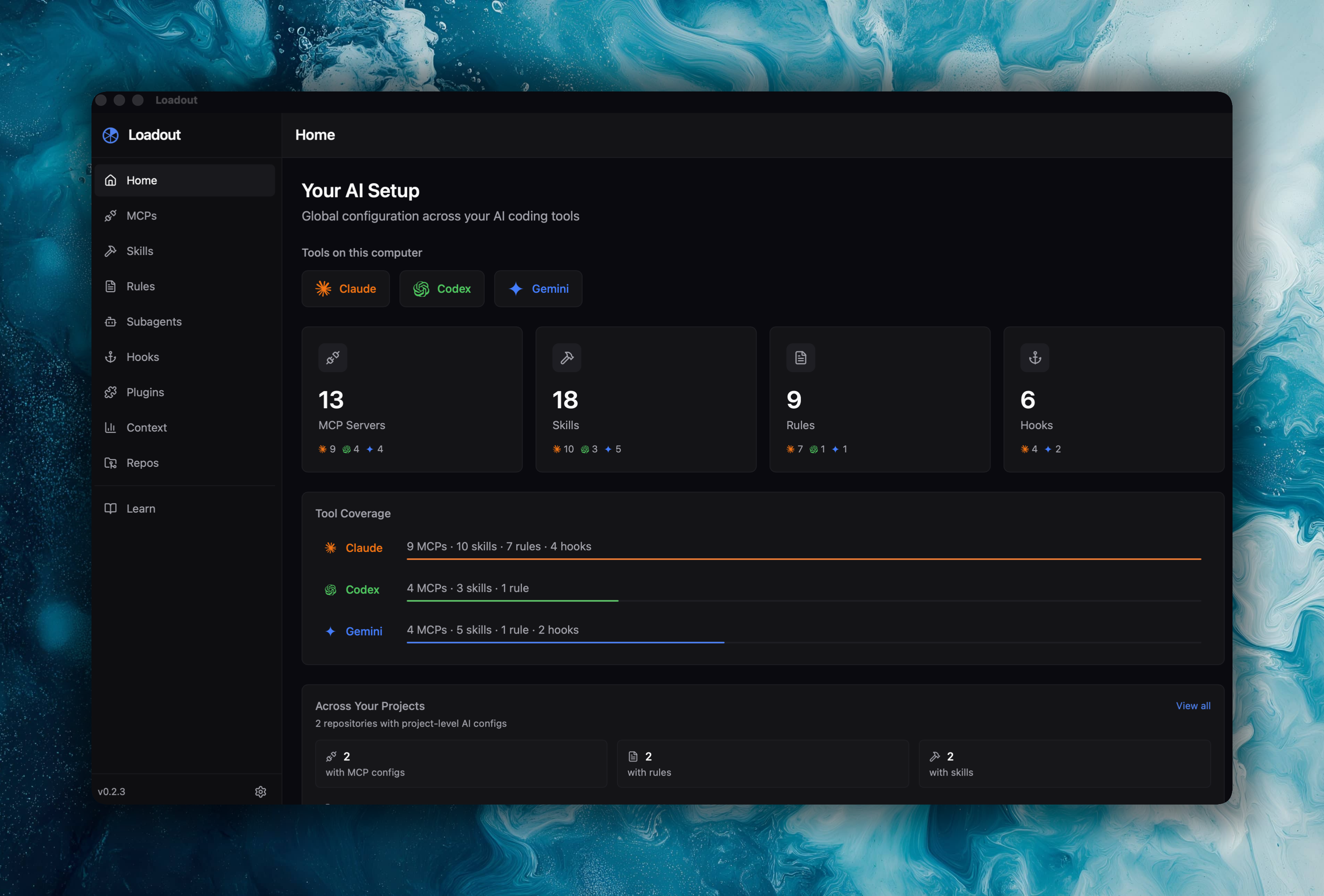 Loadout dashboard — stat cards, detected tools, and discovered workspaces