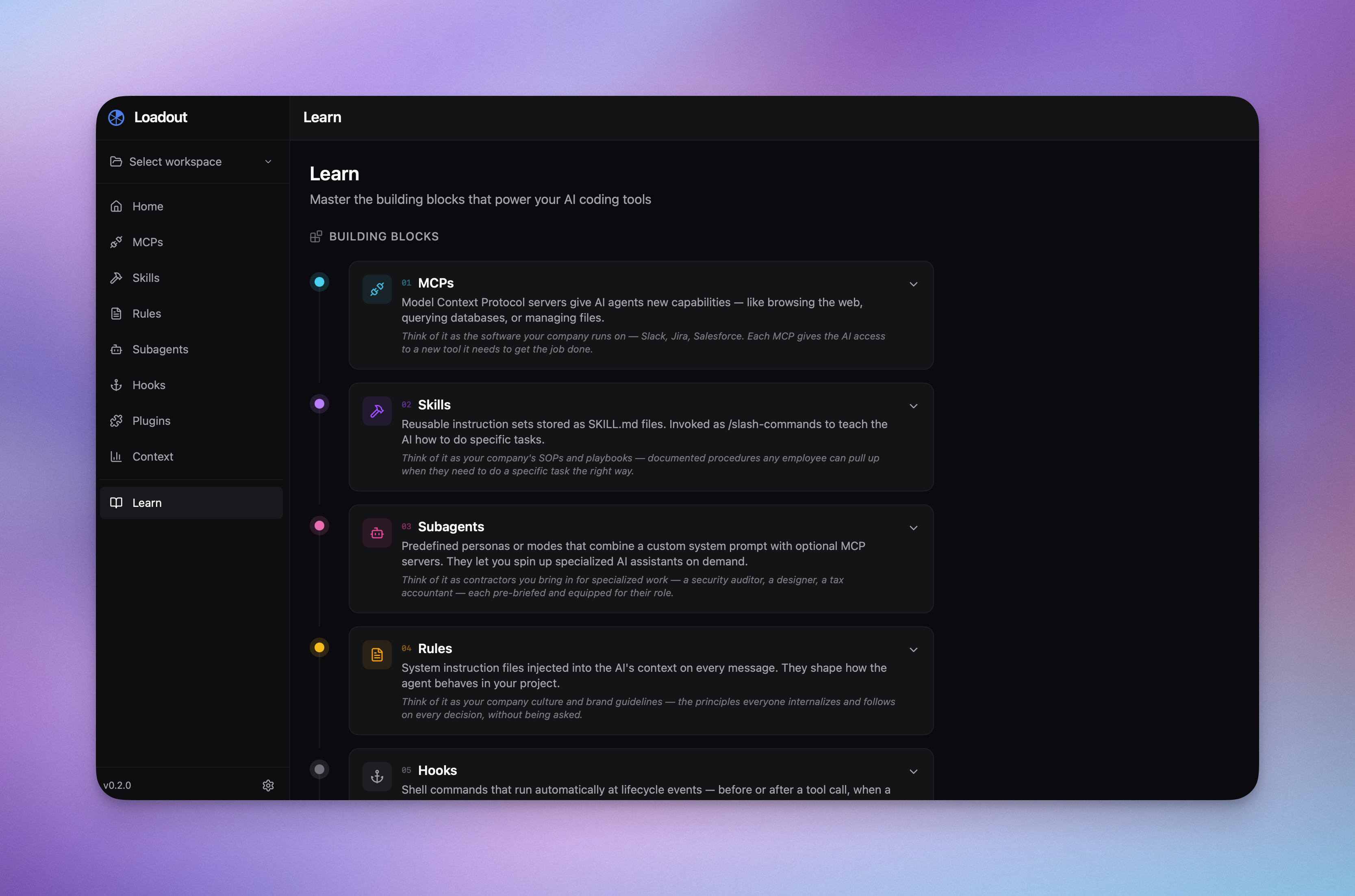 Learn page — concept cards explaining MCPs, skills, subagents, rules, and hooks