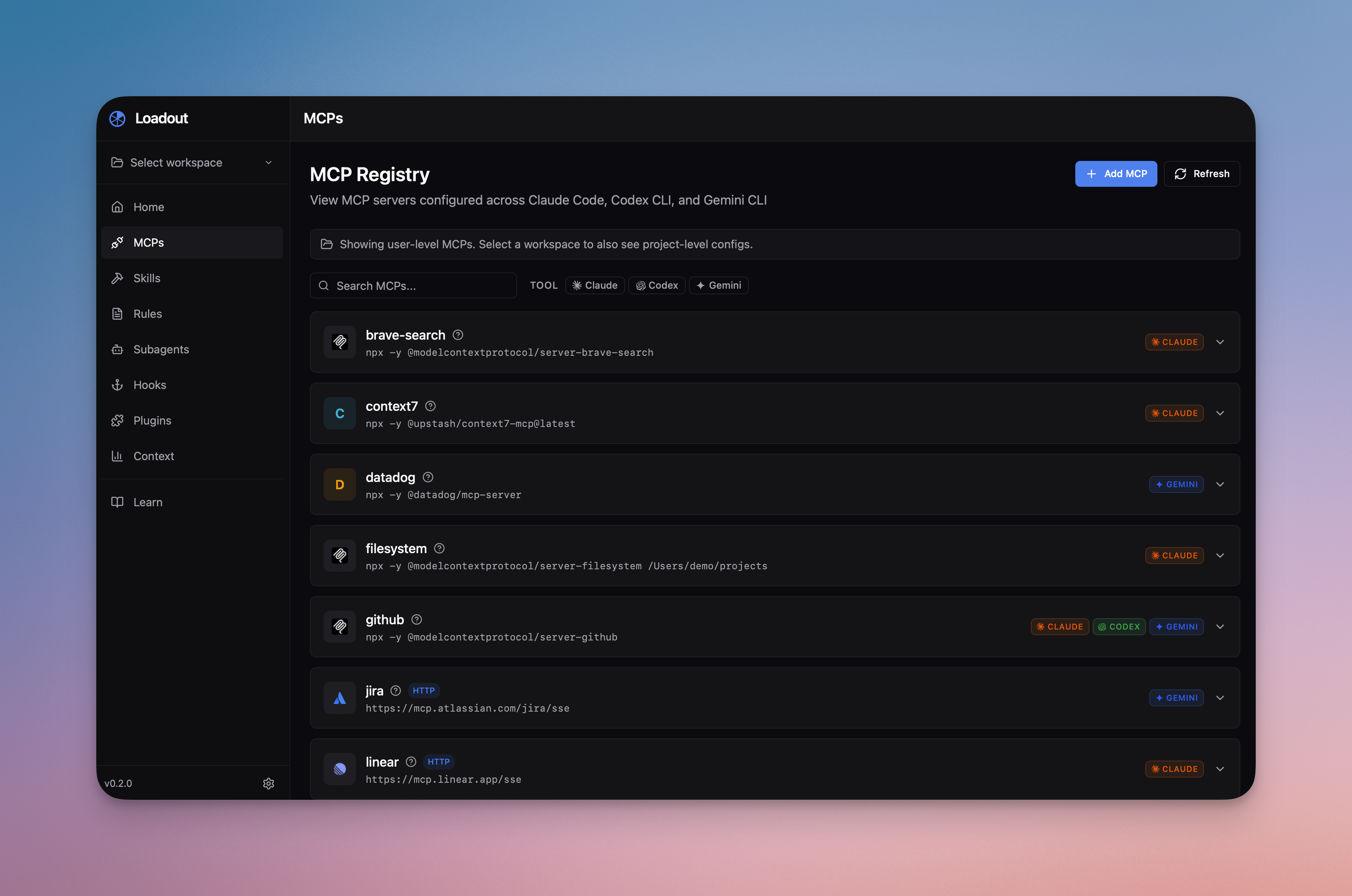 MCP registry — tool filters, scope badges, and health indicators