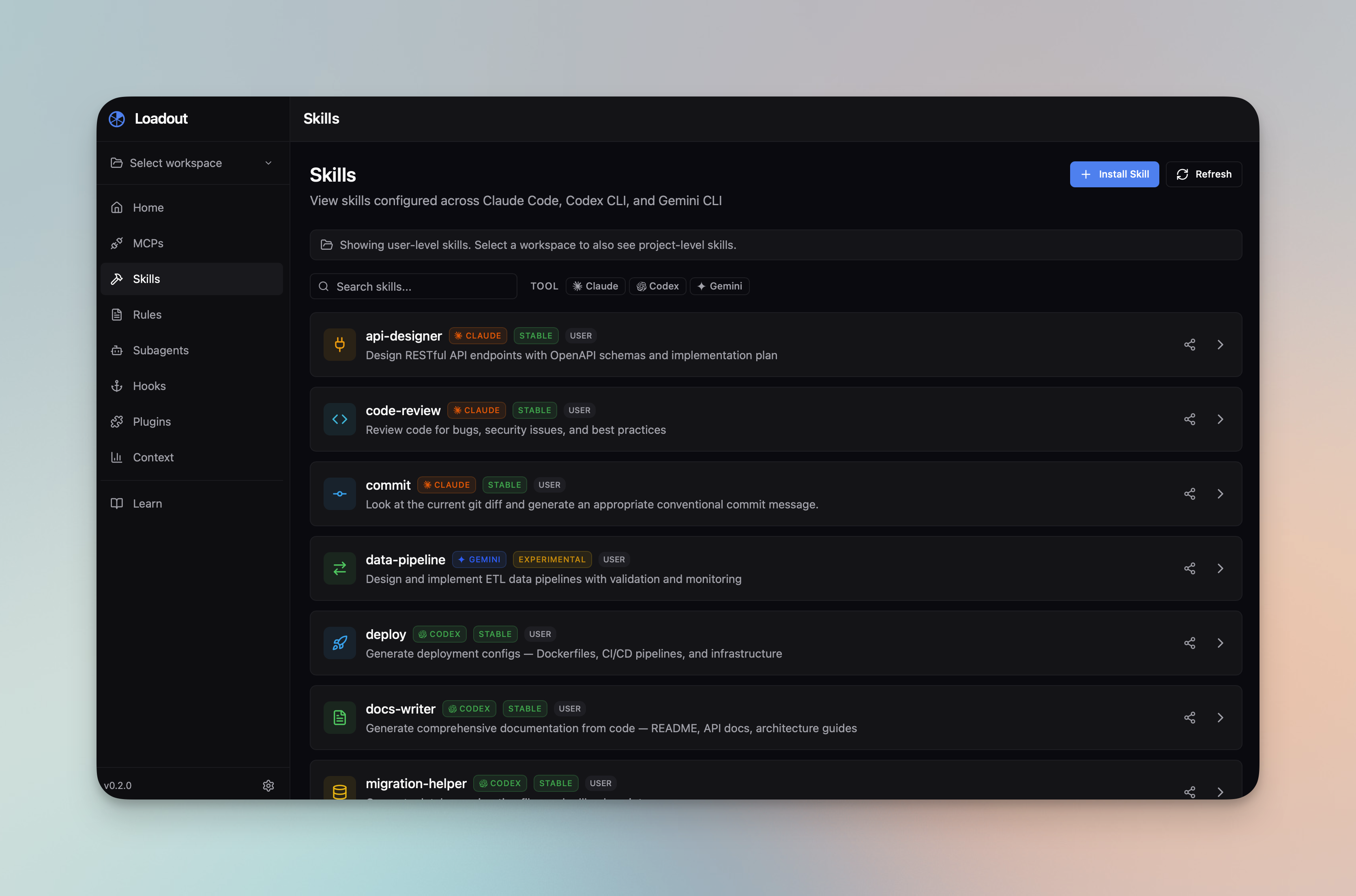 Skills management — grouped skills with tool badges and maturity indicators