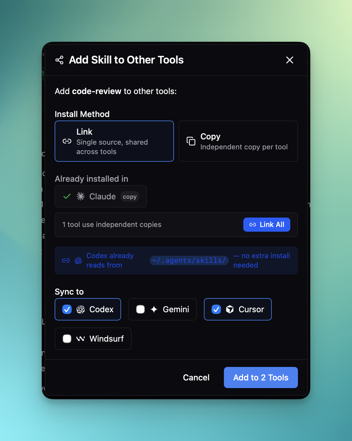 Cross-tool sync — adding a skill to multiple tools at once