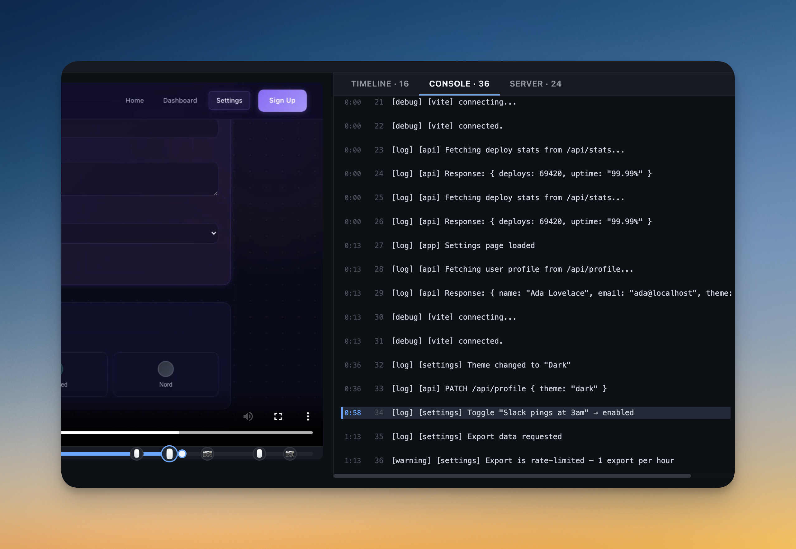 ProofShot Viewer — console logs tab