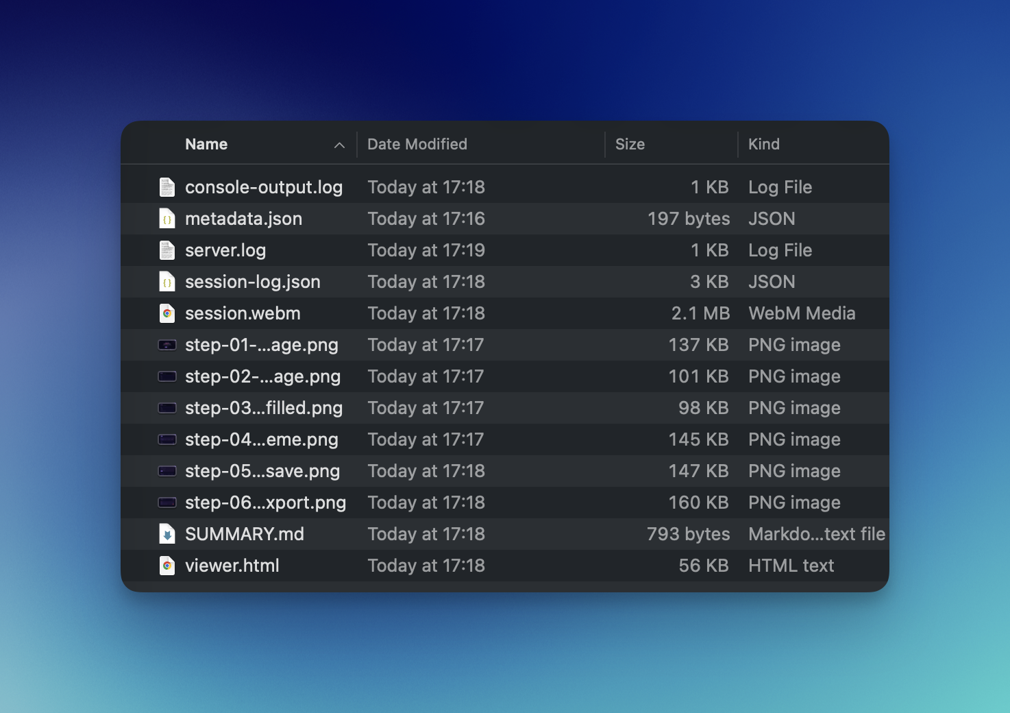 ProofShot artifacts folder showing generated proof files