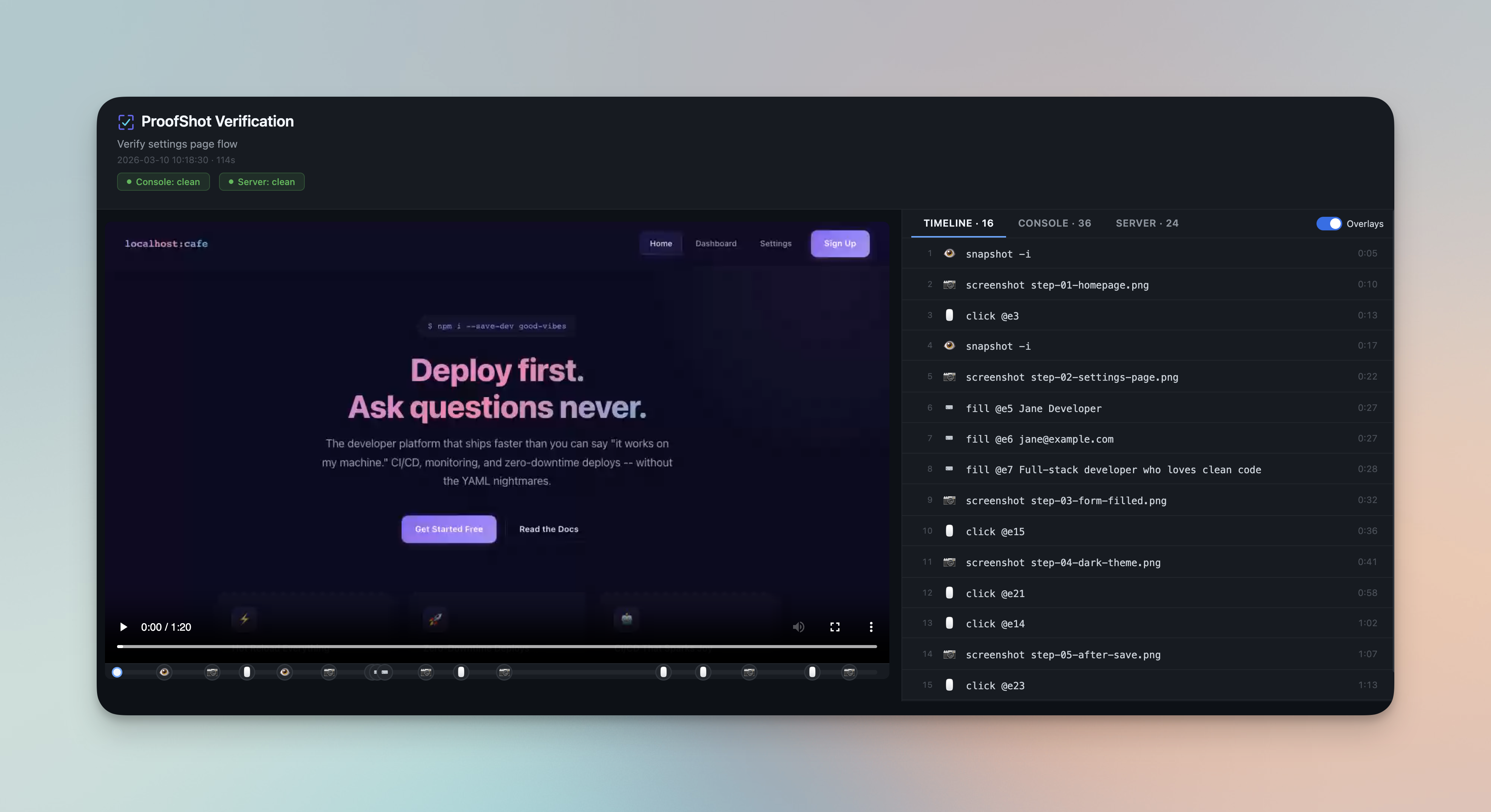 ProofShot viewer showing visual timeline of AI agent UI verification