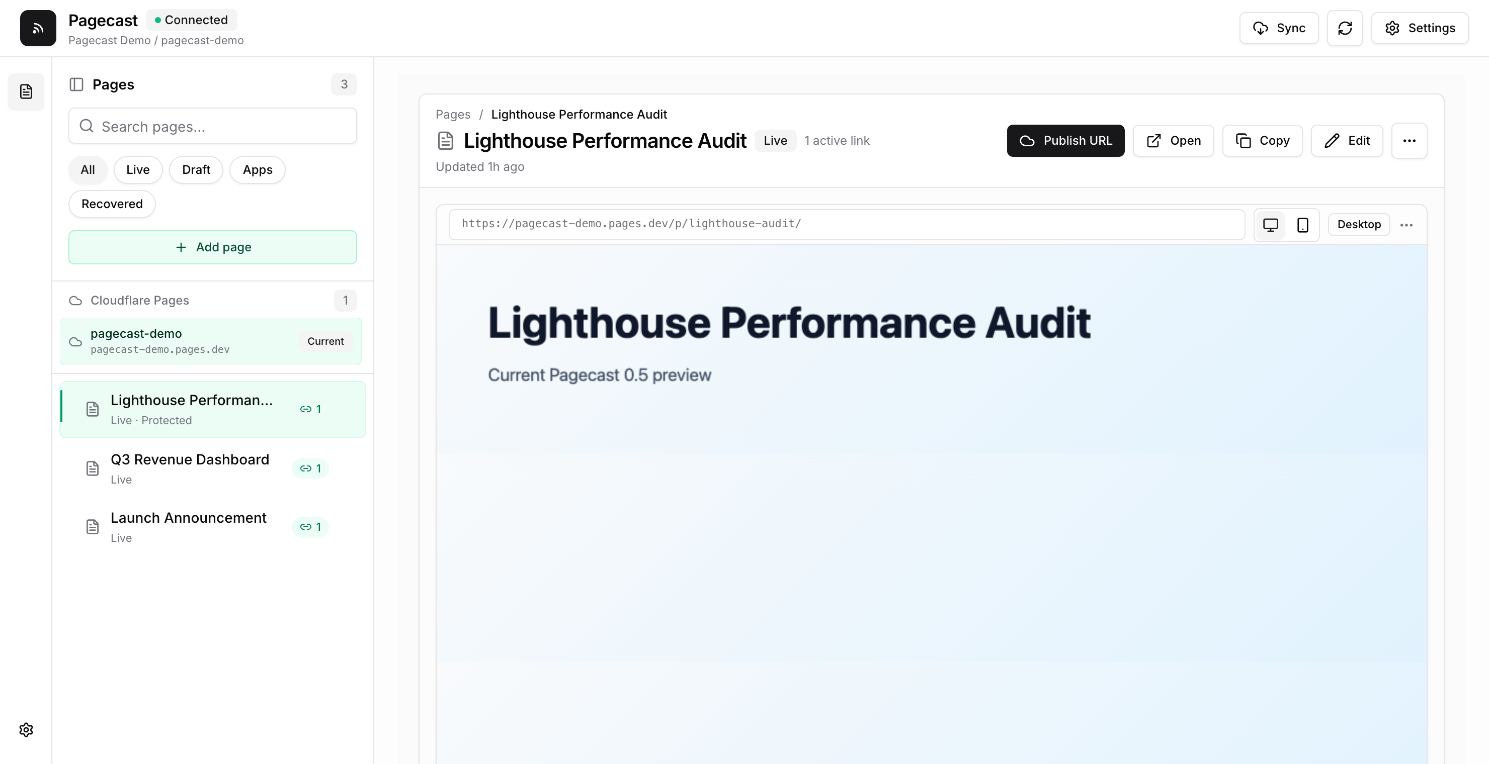 Pagecast admin UI: published reports with per-page password protection