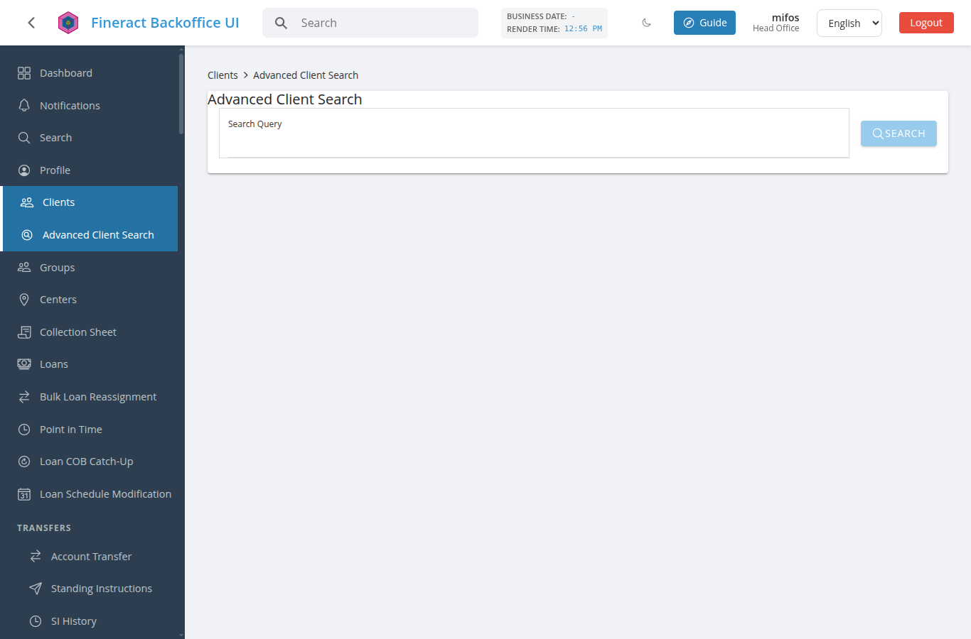 The Advanced Client Search screen: a single "Search Query" field and a Search button, nothing else