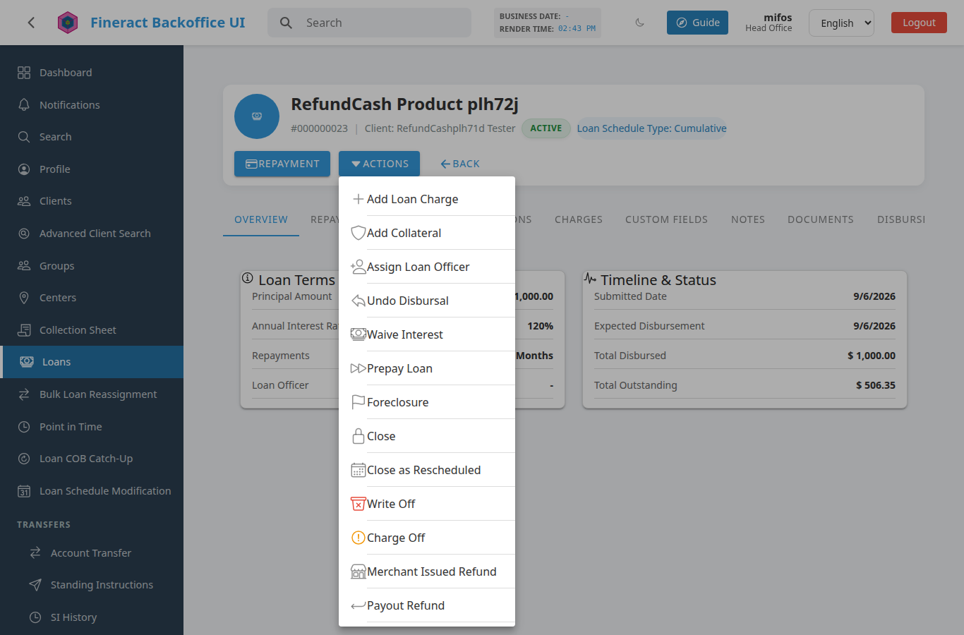 The Actions menu showing Refund by Cash