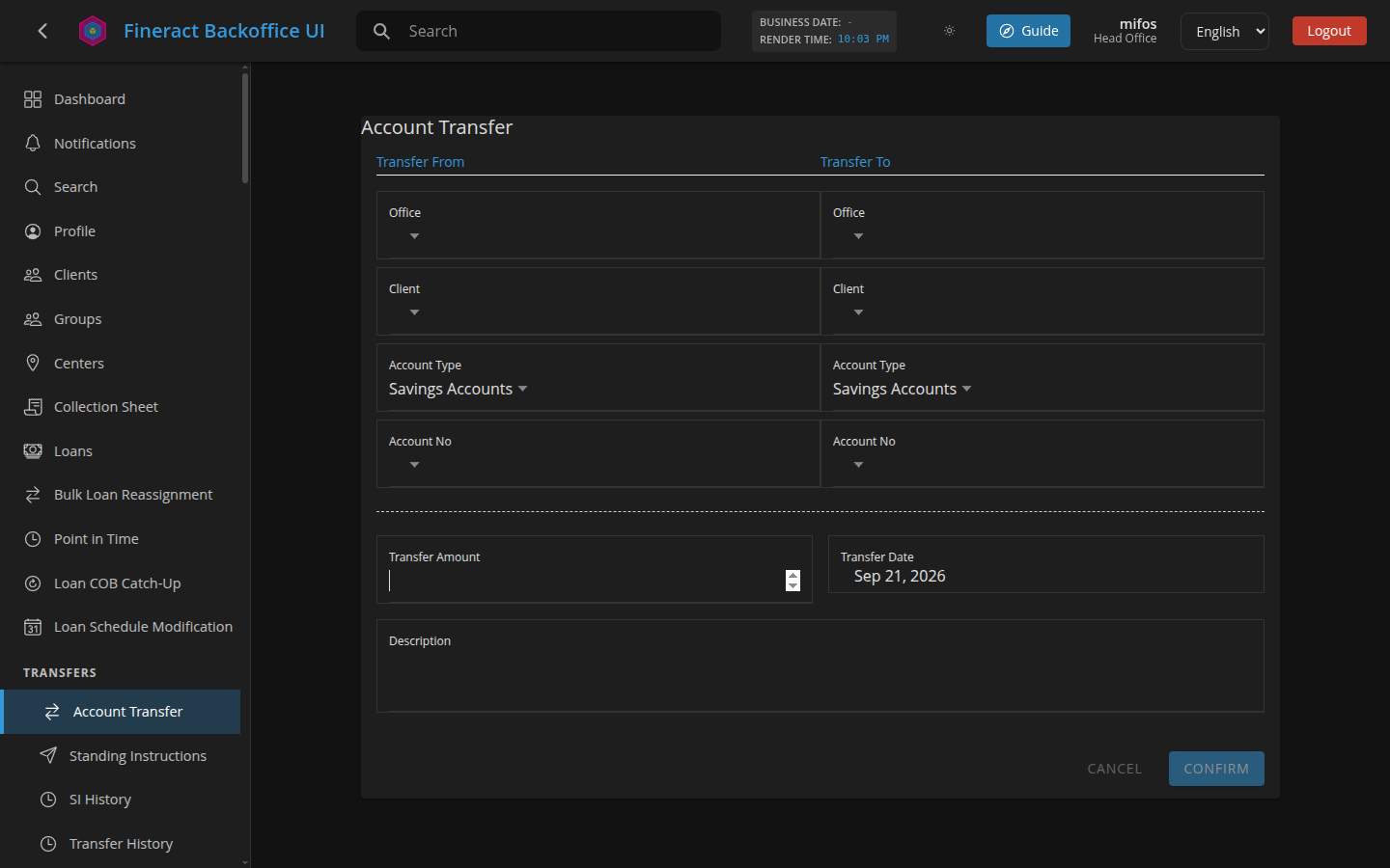 Account Transfer form: nine required fields with no markers and a disabled Confirm button