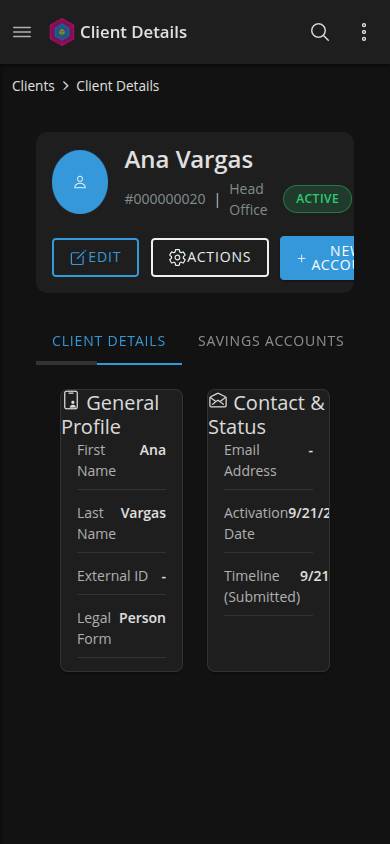 Client detail at 390px: New Account clipped, Back button off-screen, dates truncated