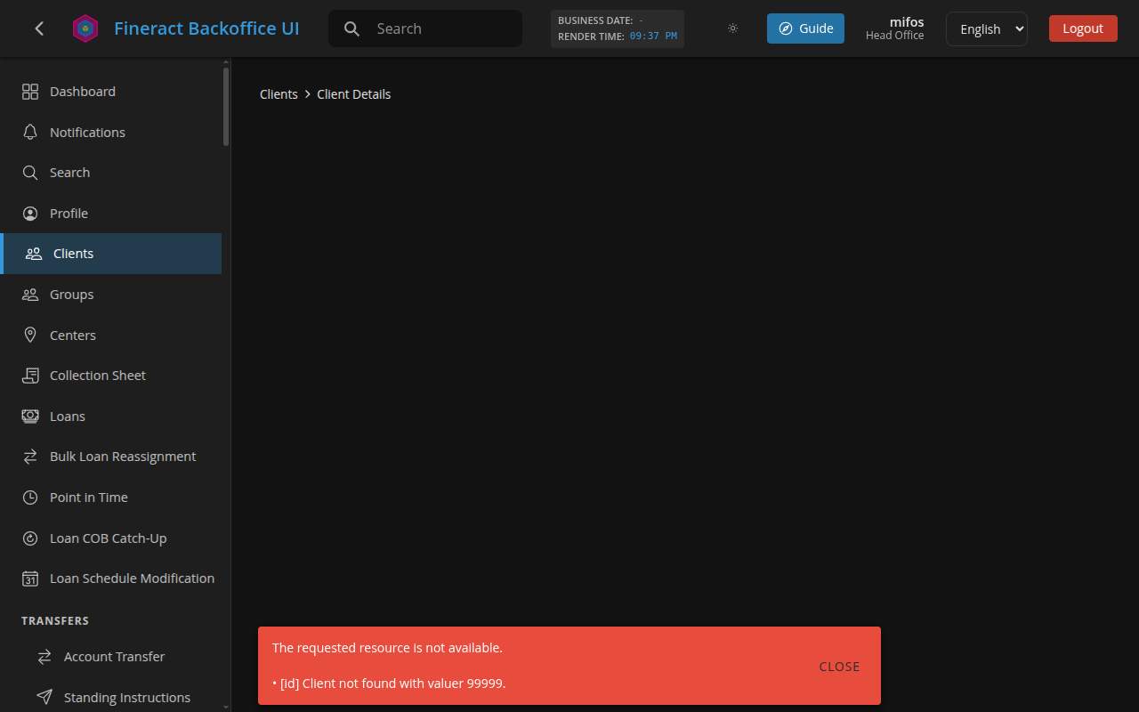 Client detail for a non-existent id: empty content area with an error toast at the bottom
