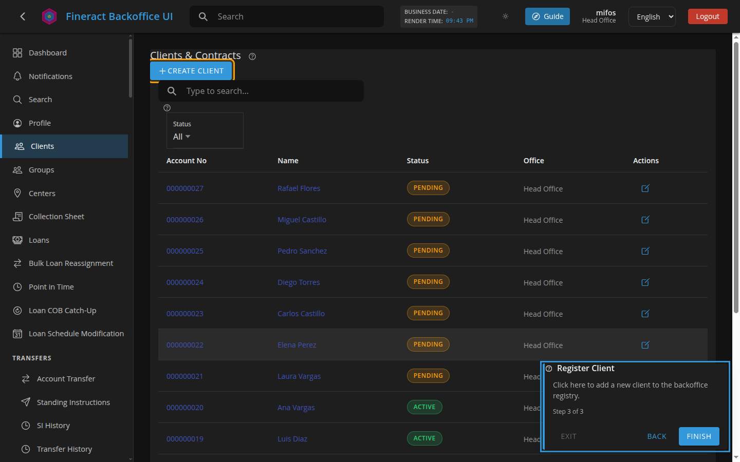 Guide step 3 on Clients: highlighted Create Client button top-left, guidance card bottom-right, page undimmed