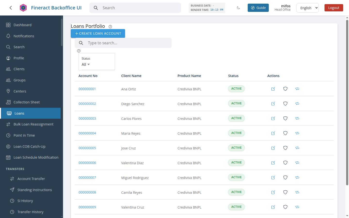 Loans list in light mode: pale blue account links and pale green Active pills