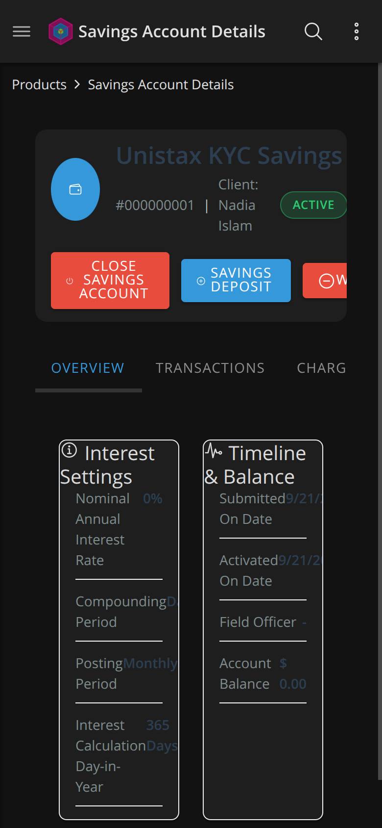 Savings account at 390px: Withdraw clipped mid-word, Actions and Back off-screen entirely