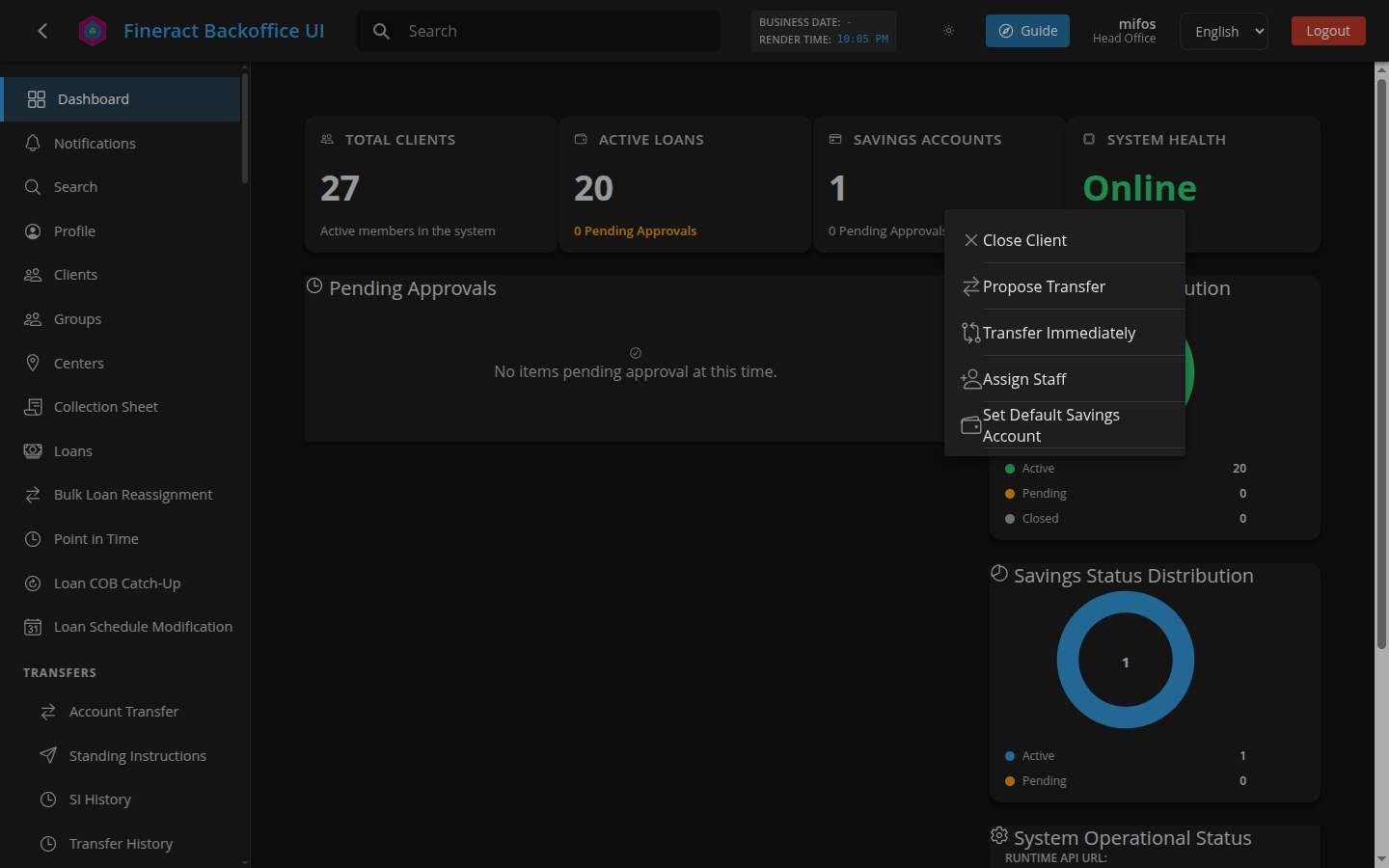 The client Actions menu still open over the Dashboard after navigating away