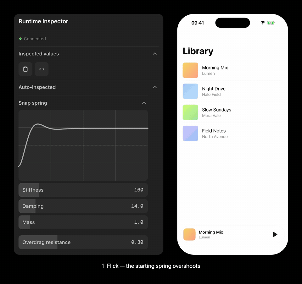 Tuning a gesture spring live with Runtime Inspector: the web panel changes the spring of a running Expo app, then Apply to code writes it into App.tsx