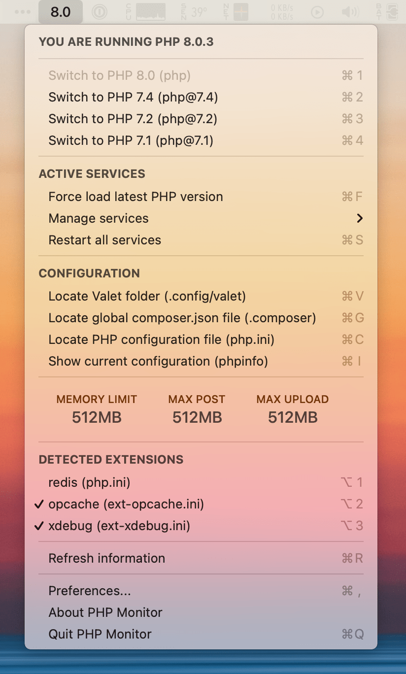 phpmon screenshot (menu bar app)