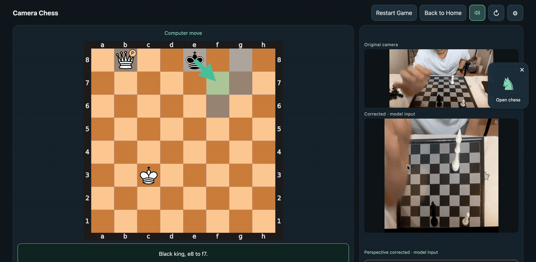 Move a physical pawn as a promoted queen; the digital board follows and the AI replies