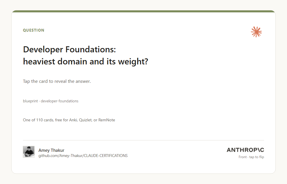 A flashcard asking which domain carries the most weight on the Developer Foundations exam