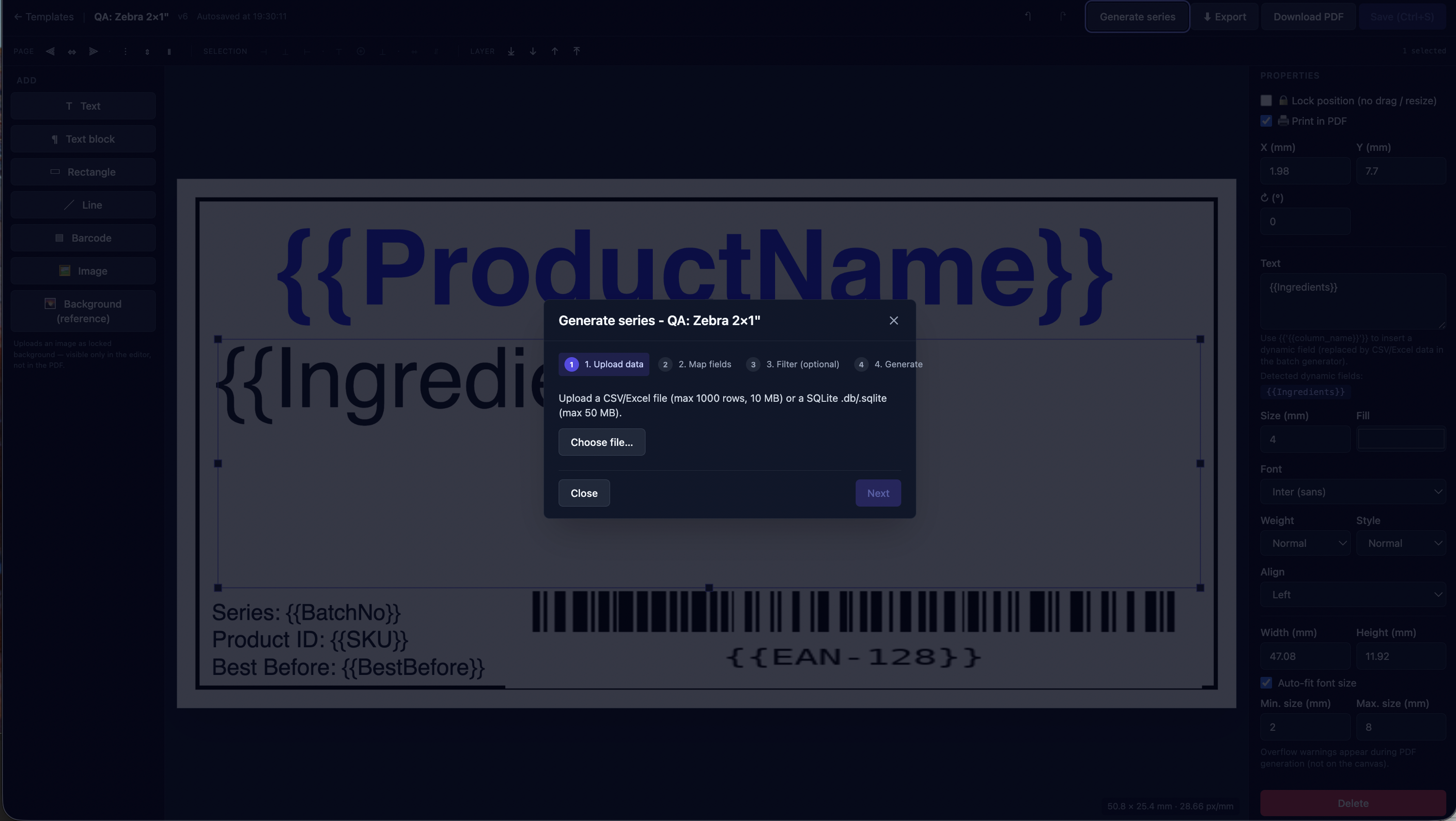 Generate Series wizard step 1, file upload