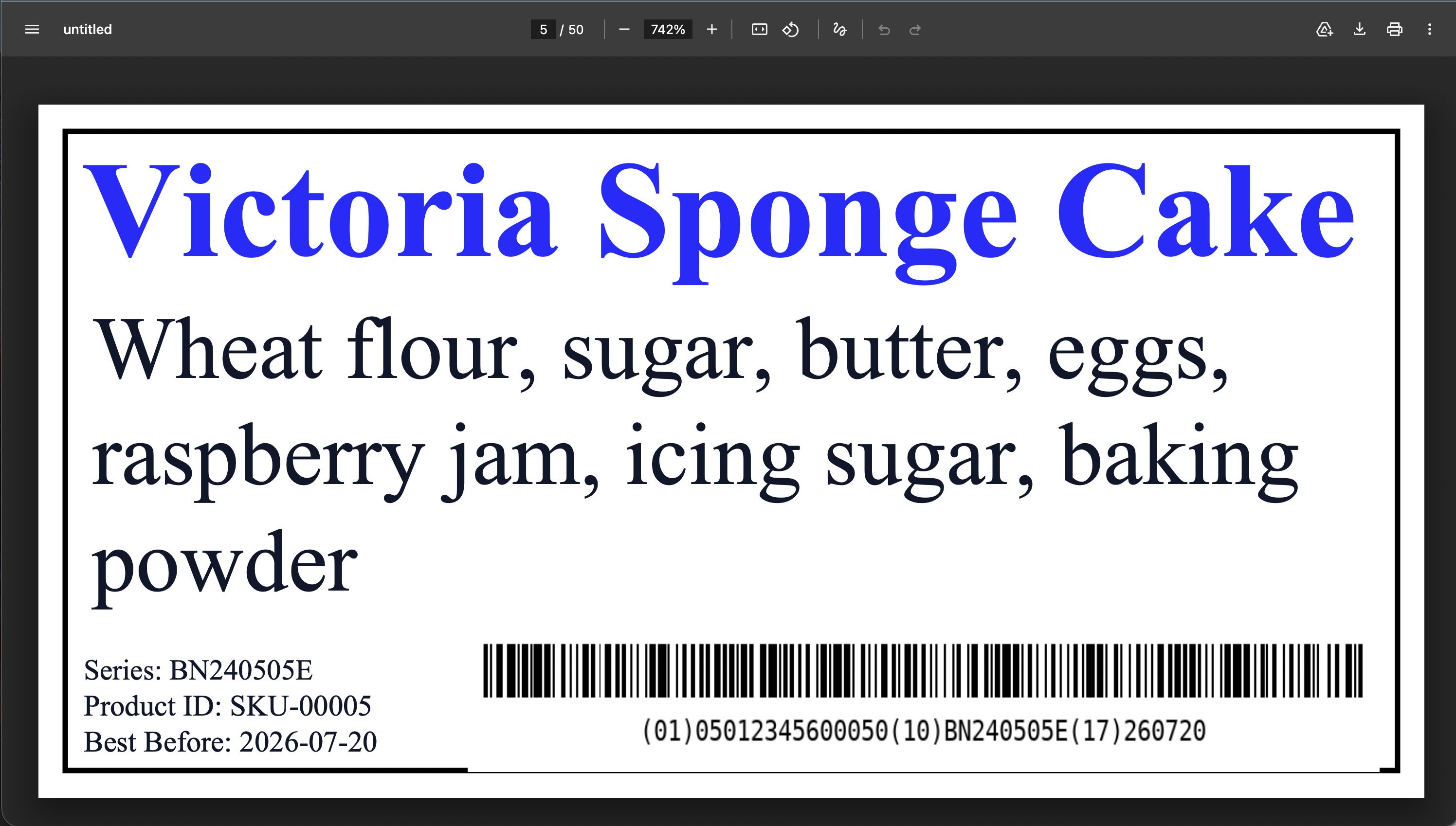 Rendered PDF label with EAN-13 barcode, QR code, and merged text