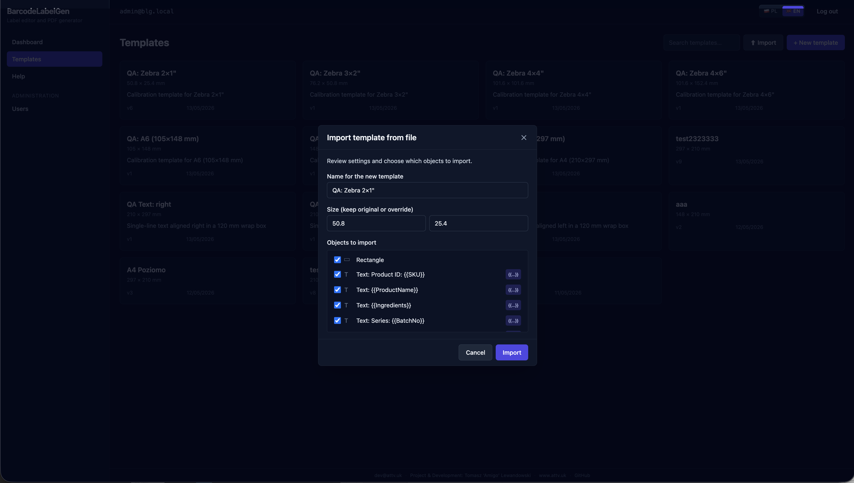 Partial template import modal showing placeholder flags per object