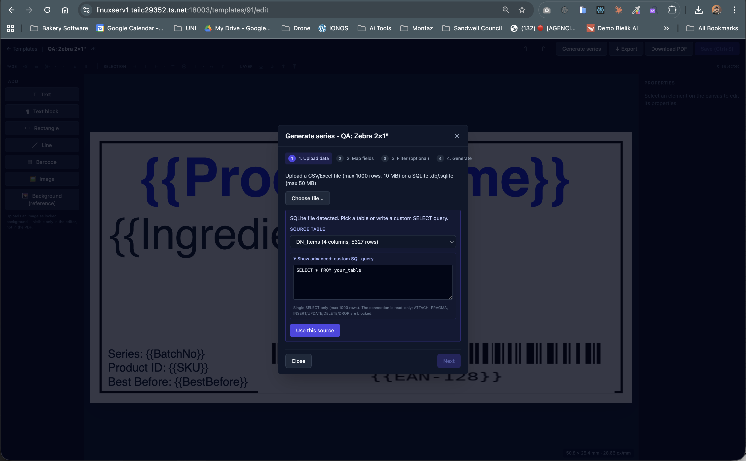 SQLite import with table picker and custom SELECT editor