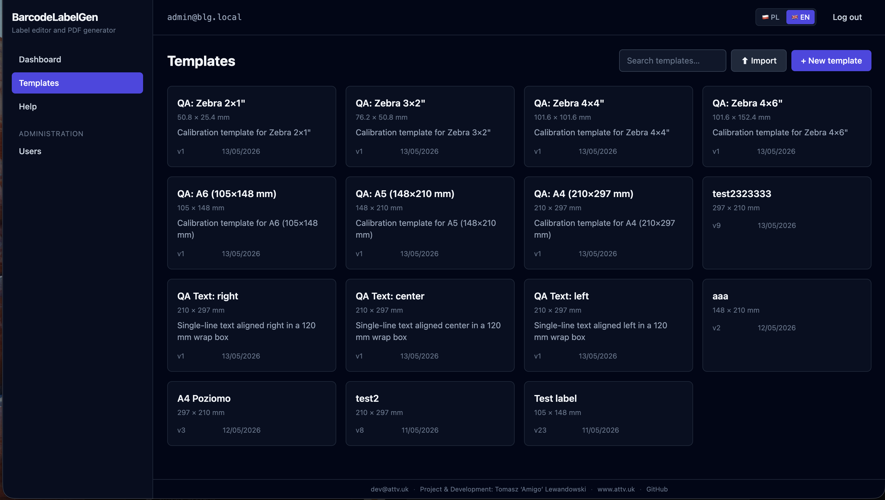 Templates library grid with import and export controls